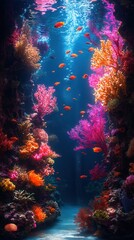 Obraz premium A vibrant underwater scene showcasing colorful coral reefs and schools of fish, highlighting marine biodiversity.