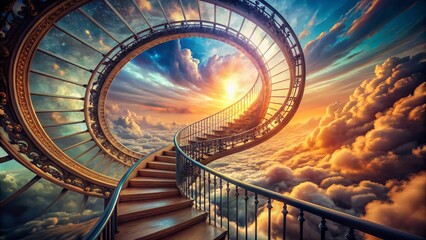 Double Exposure Spiral Staircase Photography, Surreal Wendeltreppe Photo, Fantasy Staircase Art, Whimsical Architecture Image