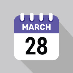 28 march calendar icon vector with date background. Vector schedule symbol.