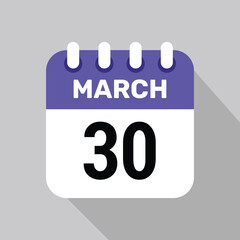30 march calendar icon vector with date background. Vector schedule symbol.