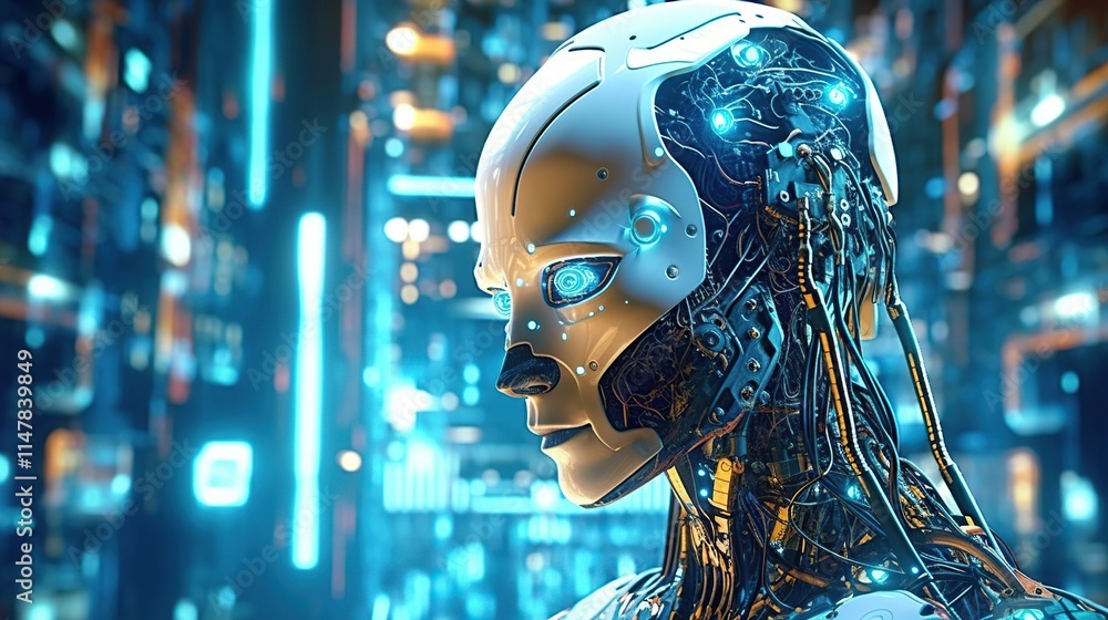 Aufkleber ai robot process automation rpa security cloud digital technology. futuristic robot head