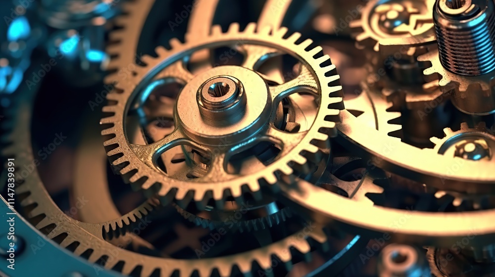 Poster intricate close-up of metallic clock gears and cogs in motion