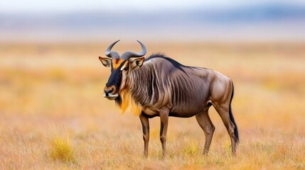 Fototapeta premium A Wildebeest, also known as a gnu, is a large antelope with a dark brown coat, broad head, and curved horns