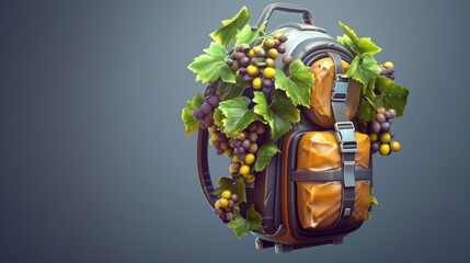 Backpack filled with fresh grapes resting in a lush scenic vineyard landscape  This conceptual image represents the idea of sustainable eco friendly travel and adventure