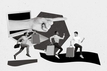 Creative photo 3d collage artwork postcard poster of young people hurry up market low prices...