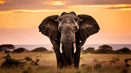 Obraz premium beautiful landscape with an elephant drinking water in a small lake in Africa with a blue sky 