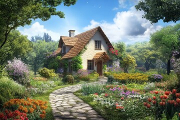 Beautiful garden surrounding a quaint cottage on a sunny day in a serene countryside setting