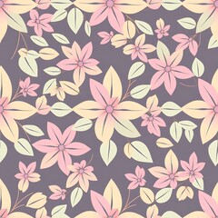 Floral Symphony: A delicate dance of pastel pink and yellow blossoms with gentle leaves on a soft purple background. This seamless pattern evokes tranquility and beauty, perfect for textile design.