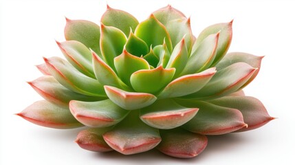 A close up photograph of a vibrant green succulent plant with thick, fleshy leaves, isolated on a clean white background.