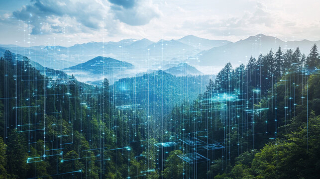 Expansive mountain landscape blended with digital technology and nature. 