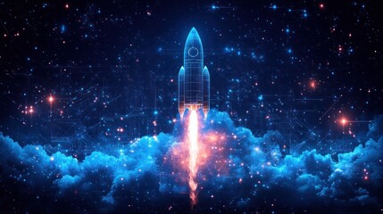 A futuristic rocket launching into a starry space, symbolizing exploration and innovation.