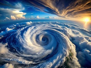 Dramatic Hurricane Vortex, Swirling Cyclone Storm Cloud Aerial View, Powerful Atmospheric Phenomenon