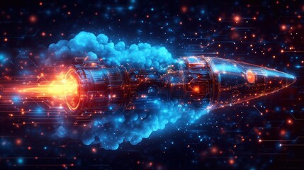 A futuristic rocket ship emitting vibrant energy and smoke, symbolizing advanced technology.