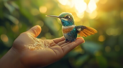 Obraz premium Hummingbird's Gentle Rest: A Moment of Serene Connection