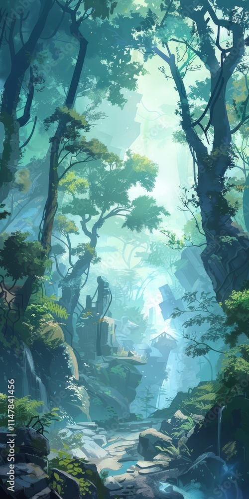 Poster a forest scene with a waterfall and a stone structure in the middle