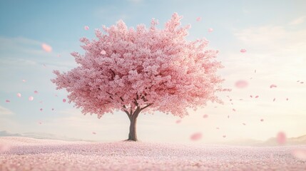 Blooming Cherry Blossom Tree Surrounded by Pink Petals in Nature