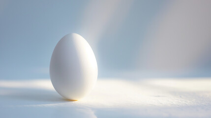 Single, pristine white egg against a soft, light blue background.