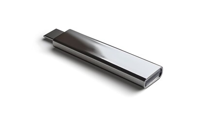 A sleek metal pen drive with a polished surface, isolated on white.
