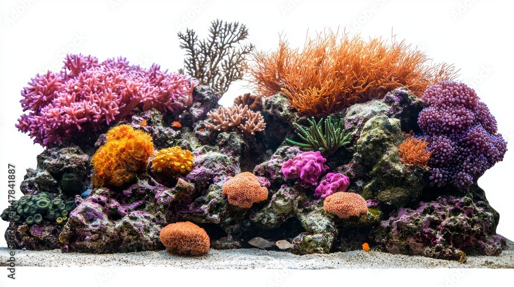 Poster A rich display of coral formations showcases a spectacular range of colors and textures, creating a lively habitat for various fish species. This underwater paradise thrives in warm waters