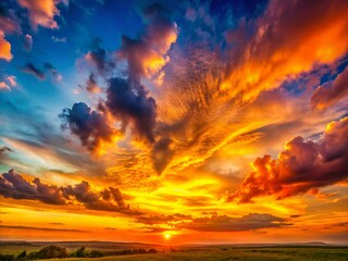 Obraz premium Dramatic Sunset Panorama Wallpaper: Minimalist Orange Cloud Landscape Background