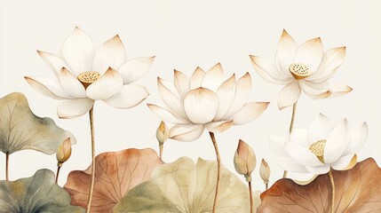 Watercolor painting of elegant white lotus flowers and leaves.