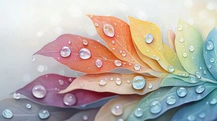 The illustration features vibrant rainbow colors on a flower leaf, with intricate details capturing the glistening raindrops that rest delicately on its surface.
