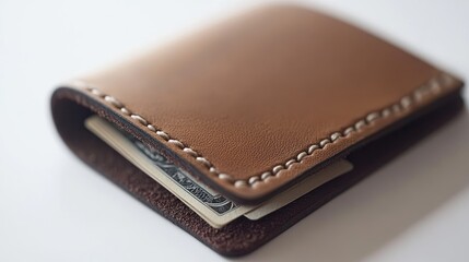 Brown Leather Wallet with Cash and Textured Stitching Detail
