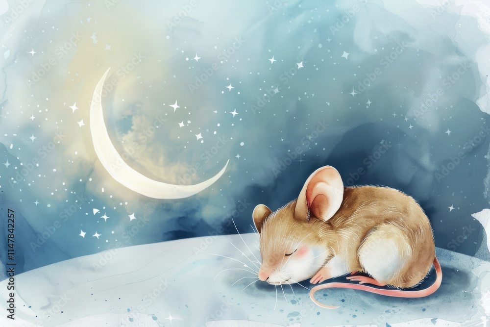Poster a small brown mouse is sleeping under a crescent moon. the image has a peaceful and calming mood, as