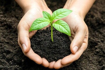 Hand holding small tree for planting. plant growing on soil. with sunlight. concept green world. nature conservation