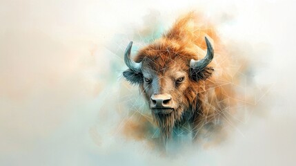 The illustration features a strange creature resembling a bison, with exaggerated features and geometric shapes for its body, set against a soft pastel background of minimalistic design.