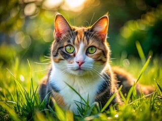 Drone Photo: Majestic Calico Cat in Lush Grass, Serene Gaze - Aerial View