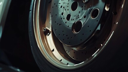 Close-Up View of a Detailed Car Brake Disc and Tire Tread