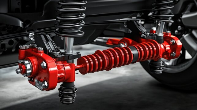 Close-Up View of Red Shock Absorbers on Modern Vehicle Suspension System