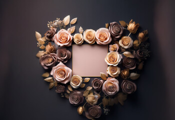 A heart-shaped arrangement of beige and brown roses surrounds a blank card on a dark background.