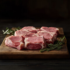 Preparing fresh cut pork chops kitchen counter food photography dark background close-up culinary art