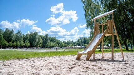 Fototapeta premium Wooden playground slide on sandy ground, sunny day.