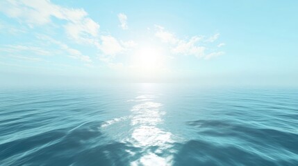 Fototapeta premium Tranquil Blue Ocean with Soft Clouds and Bright Sunlight Reflection