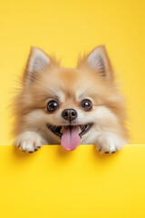 Obraz premium Playful pomeranian dog peeking over yellow background pet photography studio environment close-up perspective