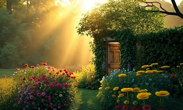 Wooden door partially opened, embellished with thick ivy.
