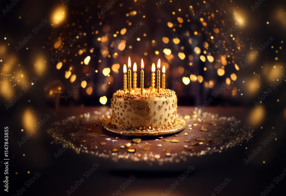 Poster a golden birthday cake with lit candles is surrounded by sparkling lights, creating a festive atmosp