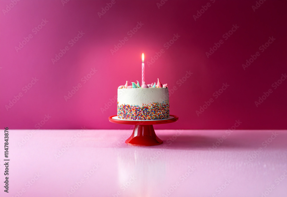 Poster a single lit candle sits atop a white frosted cake with colorful sprinkles. the cake rests on a red 