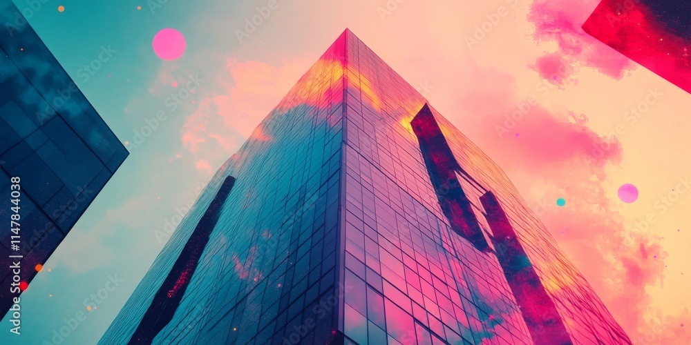 Poster double exposure image of a synthwave skyscraper, merging with futuristic urban elements and colors.