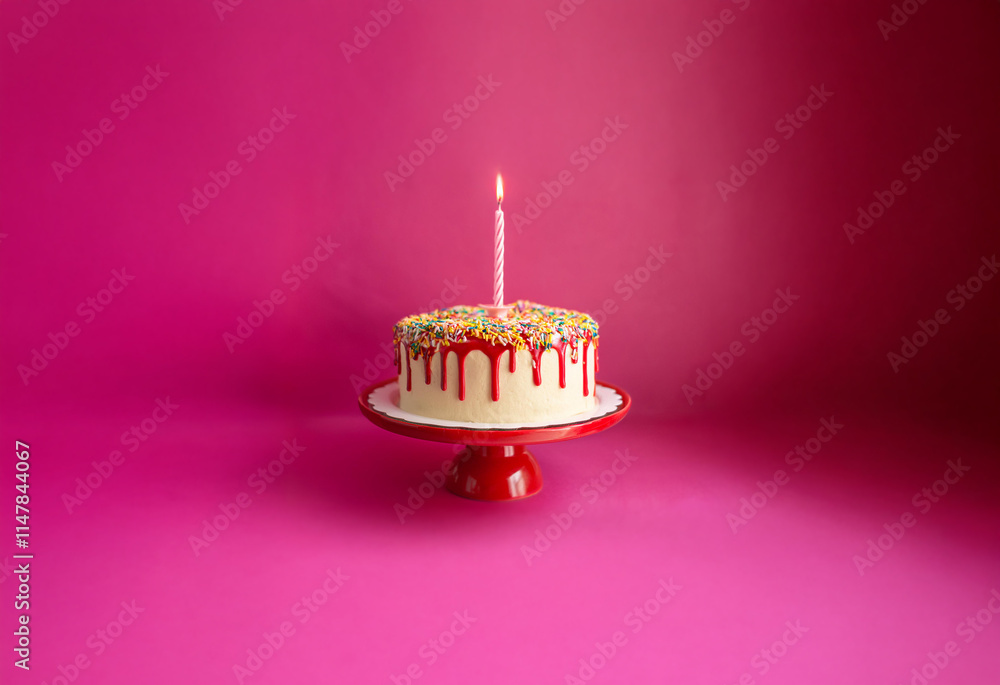 Poster a single lit candle sits atop a white frosted cake with pink icing dripping down the sides and color