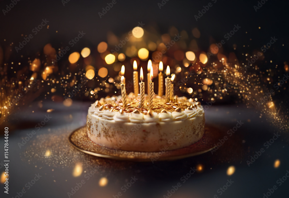 Poster a white cake with gold candles and decorations sits on a table with a blurred background of golden l