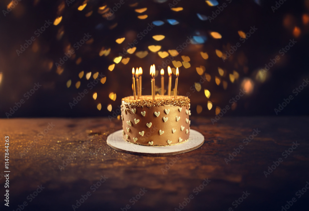 Poster a small, golden cake with heart-shaped decorations and lit candles sits on a table with a blurred ba