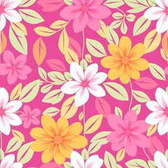 Floral Delight: A vibrant seamless pattern featuring a captivating arrangement of pink, yellow, and white flowers on a magenta background.