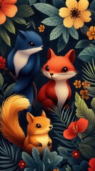 Fototapeta premium A whimsical illustration featuring three adorable forest animals among vibrant flowers and foliage.