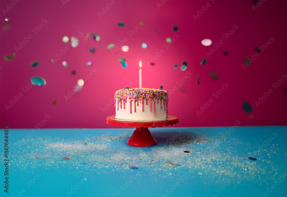 Poster a single lit candle sits atop a white cake with colorful sprinkles and frosting, on a red cake stand