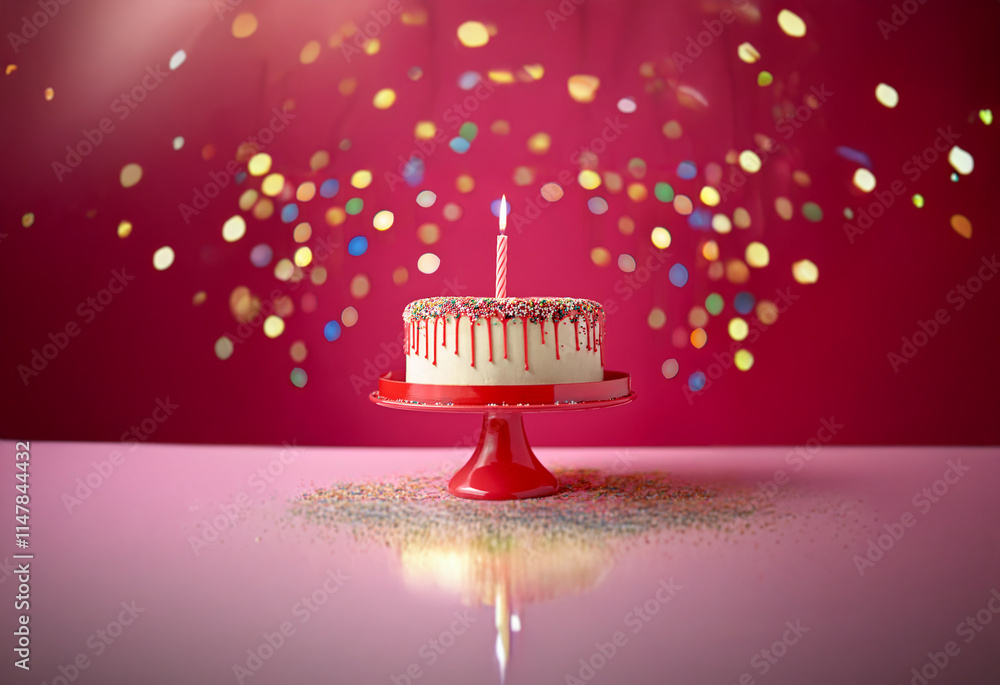 Poster a single lit candle sits atop a white frosted cake drizzled with red icing and decorated with sprink