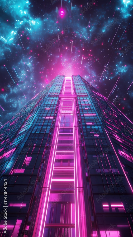 Poster dynamic abstract background featuring a synthwave skyscraper, highlighted by neon lights and geometr